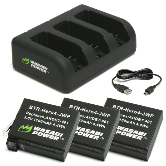Wasabi Power Battery (3-Pack) and Triple USB Charger for GoPro HERO4, AHDBT-401