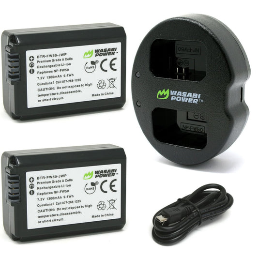 NP-FW50 Wasabi Power Battery (2-Pack) & USB Dual Charger for Sony ZV-E10, Alpha a5100, a6000, a6300, a6400, a6500, Alpha a7, a7 II, a7R, a7R II, a7S, a7S II, DSC-RX10 III, RX10 IV & More
