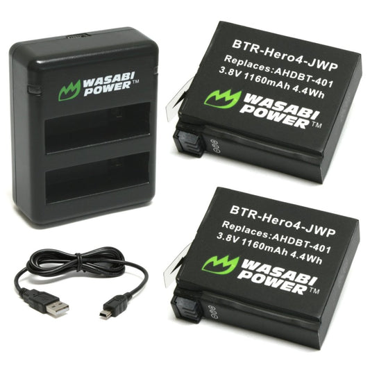 Wasabi Power Battery(1160mAh)x 2 with Dual USB Charger for GoPro HERO4 AHDBT-401