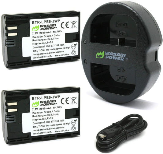 Wasabi Power Battery x 2 and Dual USB Charger for Canon LP-E6, LP-E6N (2600mAh)