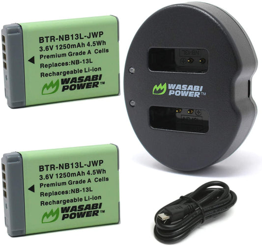 Wasabi Power Battery (2-Pack) and Dual USB Charger for Canon NB-13L for Canon PowerShot G1 X Mark III, G5 X, G7 X, G7 X Mark II, G9 X, G9 X Mark II, SX620 HS, SX720 HS, SX730 HS, SX740 HS