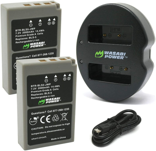 Wasabi Power Battery (2-Pack) Dual Charger for Olympus BLS-5, BLS-50, PS-BLS5 & OM-D E-M5 III, E-M10, E-M10 MII, E-M10 MIII, E-M10 MIIIs, E-M10 MIV, Pen E-PL2, E-PL5, E-PL6, E-PL7, E-PL8, E-PM2, E-P7