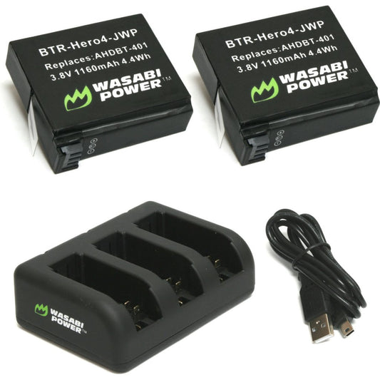 Wasabi Power Battery (2-Pack) and Triple USB Charger for GoPro HERO4, AHDBT-401