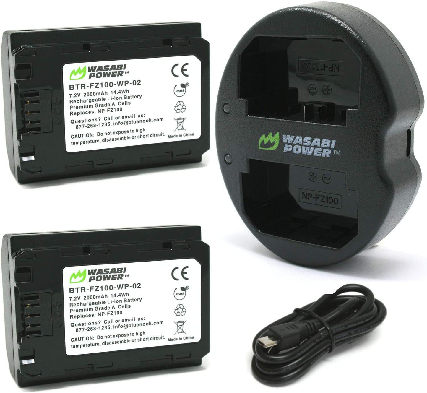 Wasabi Power Battery (2-Pack) And Dual USB Charger For Sony NP-FZ100, BC-QZ1 And Sony A9, A9 II, A7R III, A7R IV, A7 III