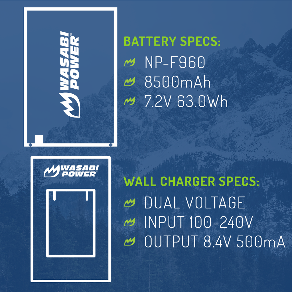 Wasabi Power Battery (2-Pack) and Wall Charger with car adapter for Sony NP-F950, NP-F960, NP-F970, NP-F975 (L Series)