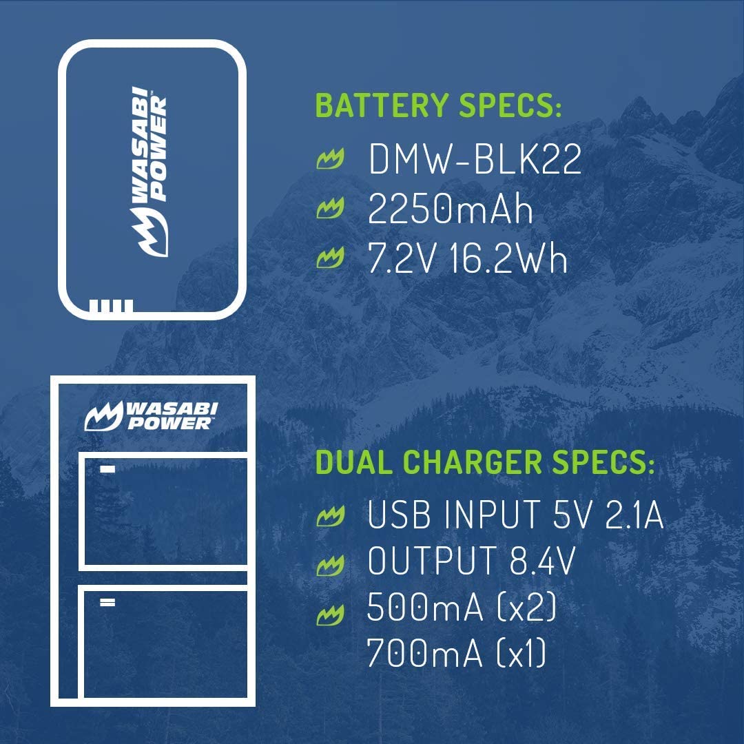 Wasabi Power Battery (2-Pack) and Dual USB Battery Charger for a Panasonic DMW-BLK22 High Capacity Battery and Panasonic Lumix DC-S5 & Panasonic Lumix GH5 II