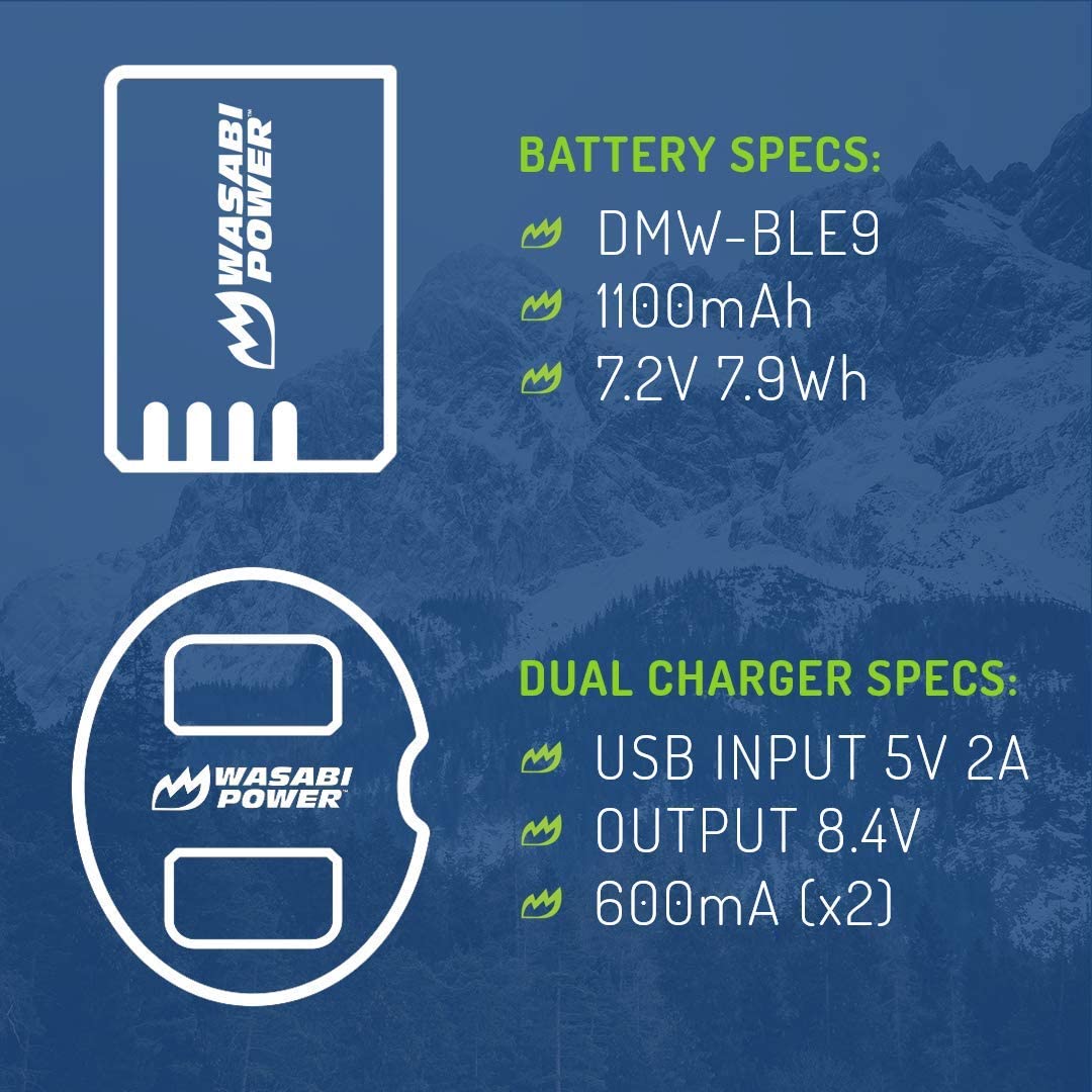 Wasabi Power Battery (2-Pack) and Dual Charger for Panasonic DMW-BLE9, DMW-BLG10