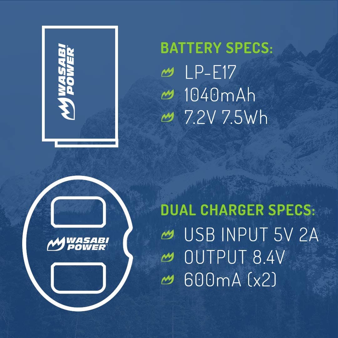 Wasabi Power LP-E17 Battery (2-Pack) and Dual USB Charger for Canon EOS 77D, EOS 750D, EOS 760D, EOS 8000D, EOS M3, EOS M5, EOS M6, EOS Rebel T6i, EOS Rebel T6s, EOS Rebel T7i, Kiss X8i, EOS RP