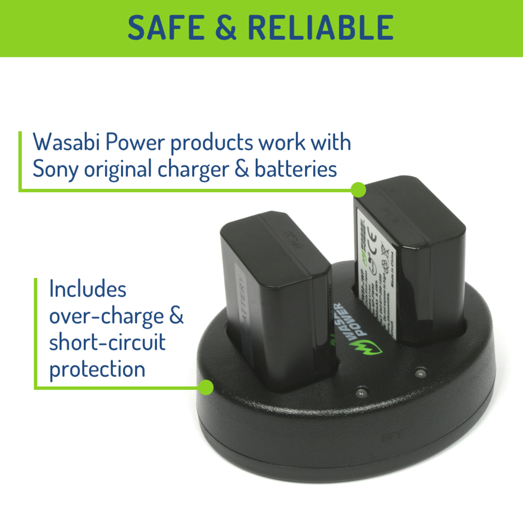 NP-FW50 Wasabi Power Battery (2-Pack) & USB Dual Charger for Sony ZV-E10, Alpha a5100, a6000, a6300, a6400, a6500, Alpha a7, a7 II, a7R, a7R II, a7S, a7S II, DSC-RX10 III, RX10 IV & More