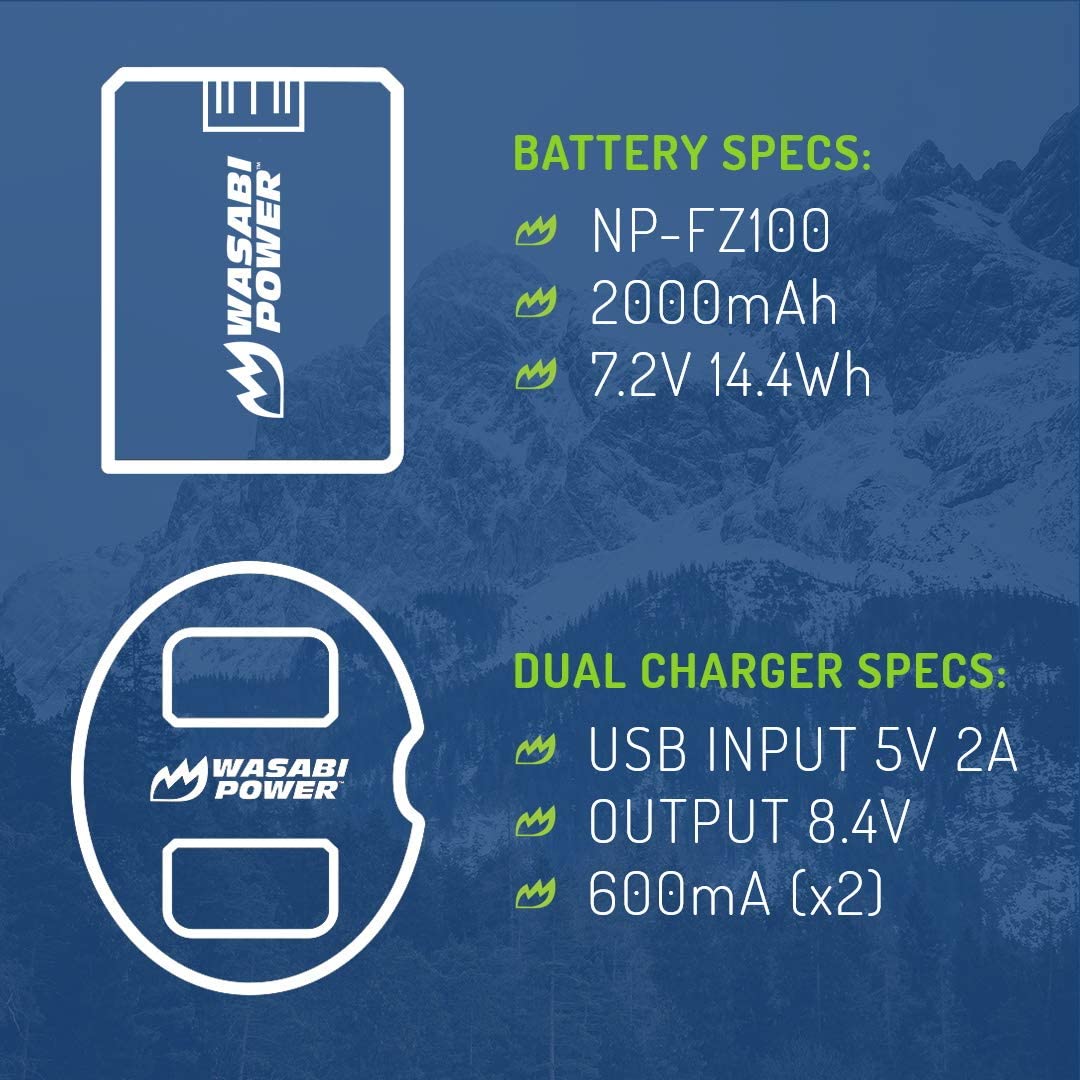 Wasabi Power Battery (2-Pack) And Dual USB Charger For Sony NP-FZ100, BC-QZ1 And Sony A9, A9 II, A7R III, A7R IV, A7 III