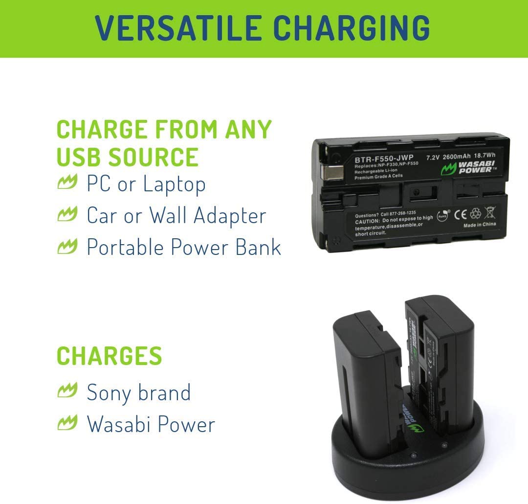 Wasabi Power Battery (2-Pack) and Dual Slot USB Charger for Sony NP-F330, NP-F530, NP-F550, NP-F570 and CN-160, CN-216, CN126 Series (L Series)
