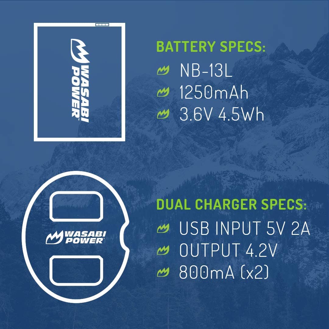 Wasabi Power Battery (2-Pack) and Dual USB Charger for Canon NB-13L for Canon PowerShot G1 X Mark III, G5 X, G7 X, G7 X Mark II, G9 X, G9 X Mark II, SX620 HS, SX720 HS, SX730 HS, SX740 HS