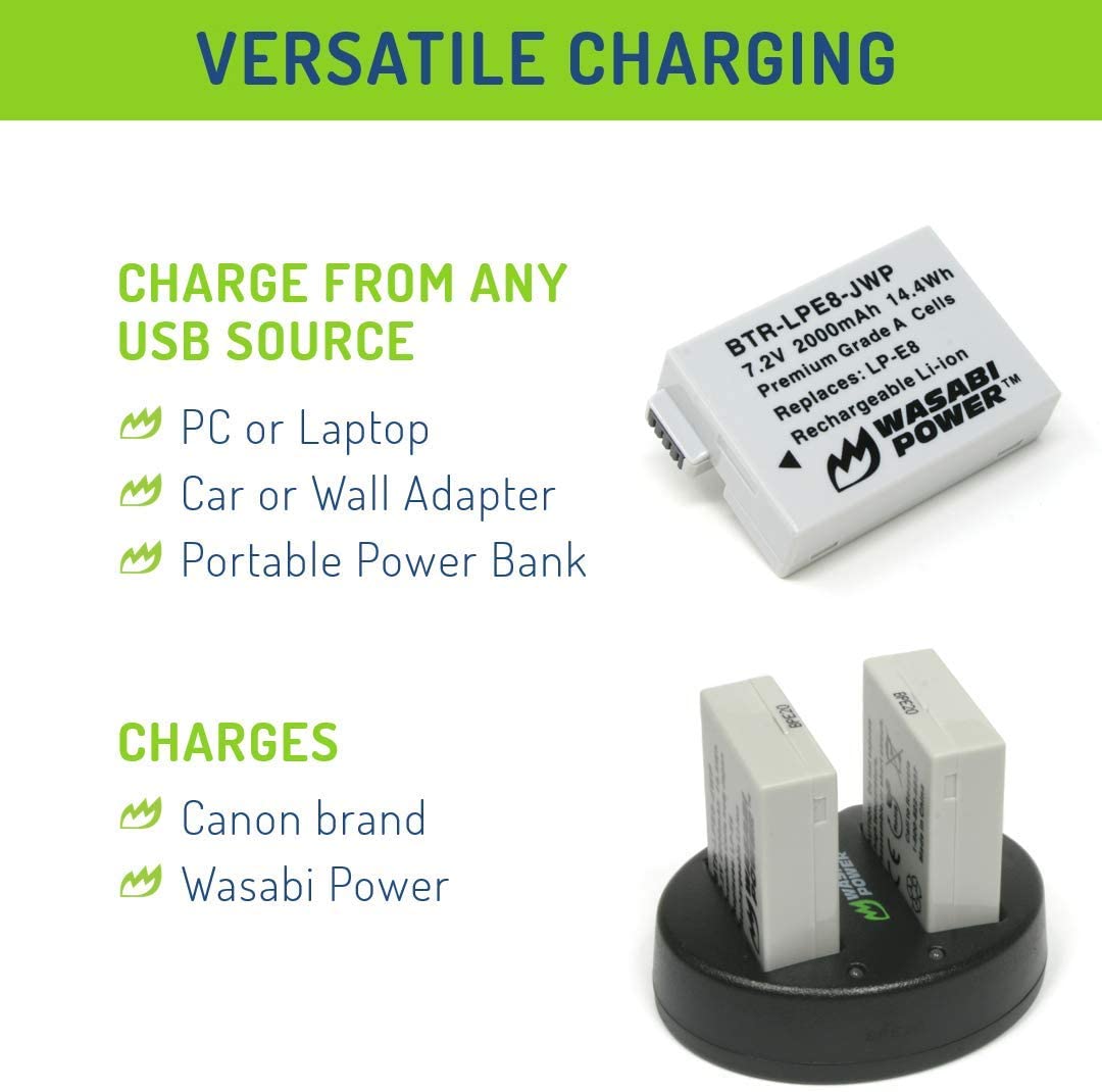 Wasabi Power Battery (2-Pack) and Dual Charger for Canon LP-E8 and Canon EOS 550D, EOS 600D, EOS 700D, EOS Rebel T2i, EOS Rebel T3i, EOS Rebel T4i, EOS Rebel T5i