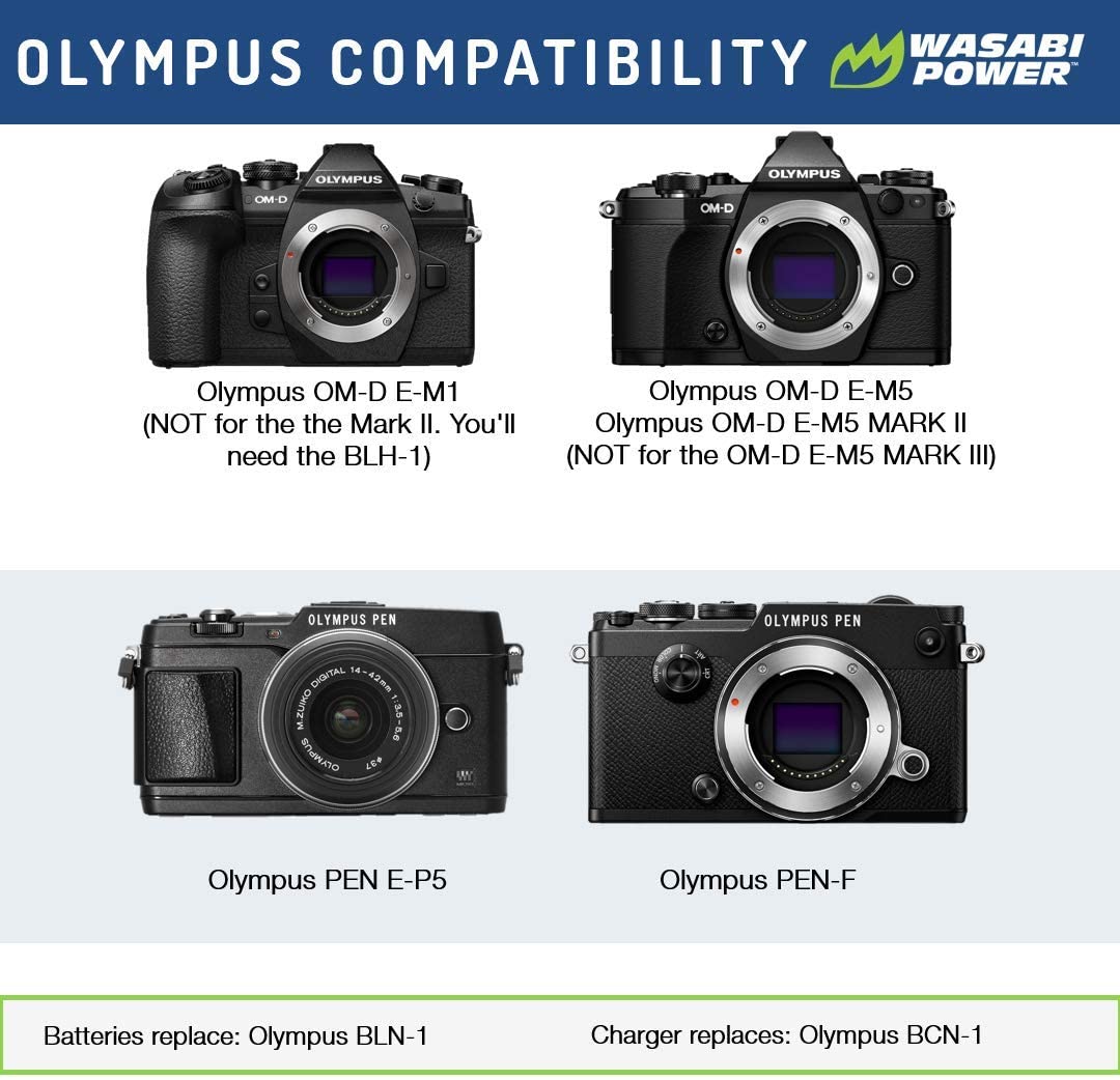 Wasabi Power Battery (2-Pack) for Olympus BLN-1, BCN-1 and Olympus OM-D E-M1, E-M5, Pen E-P5