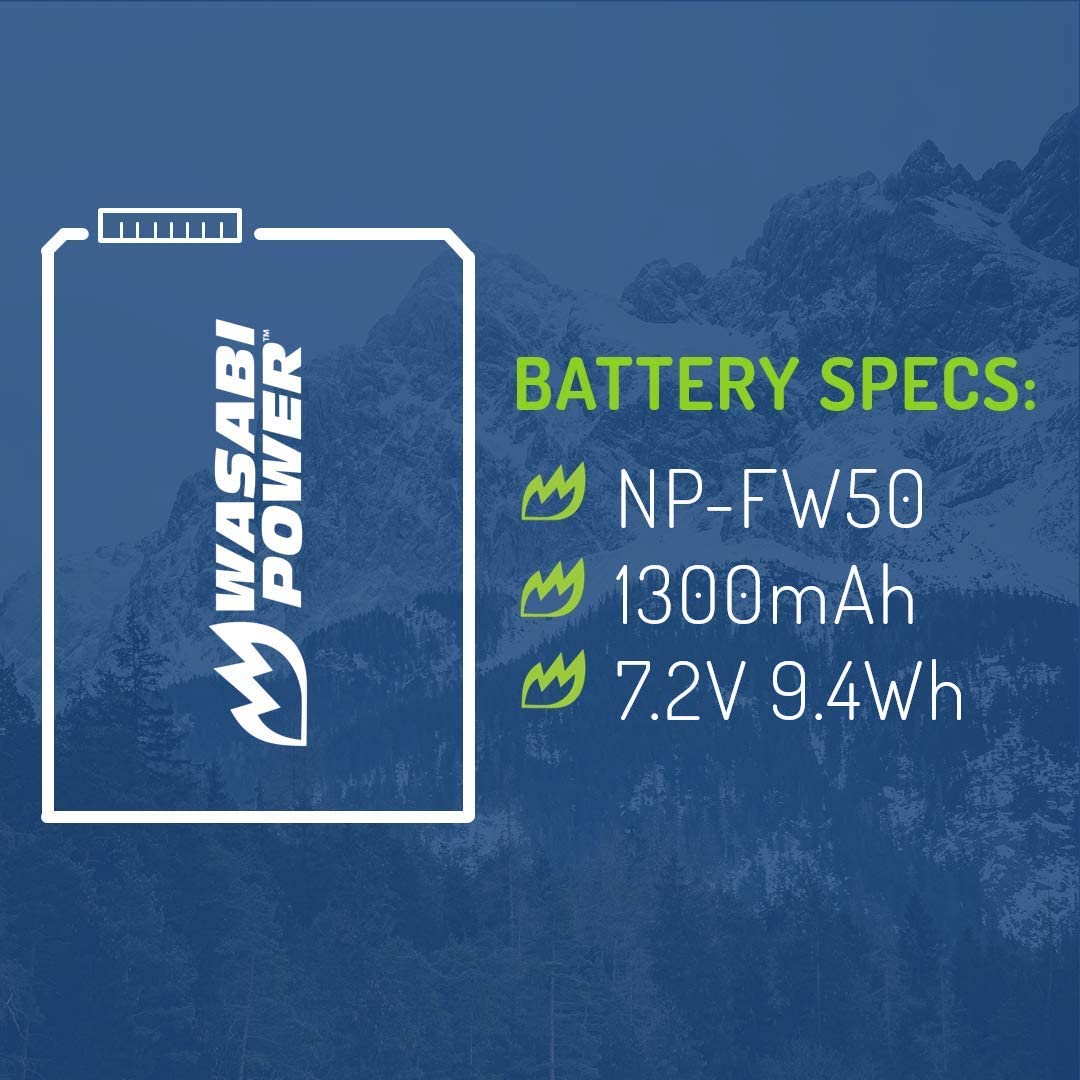 NP-FW50 Wasabi Power Camera Battery (2-Pack) for Sony ZV-E10, Alpha a5100, a6000, a6300, a6400, a6500, Alpha a7, a7 II, a7R, a7R II, a7S, a7S II, Cyber-Shot DSC-RX10 II, RX10 III, RX10 IV and More