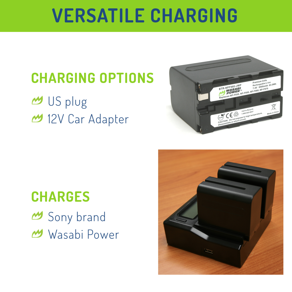 Wasabi Power Battery (2-Pack) and Dual Charger for Sony NP-F950, NP-F960, NP-F970, NP-F975 (L Series)