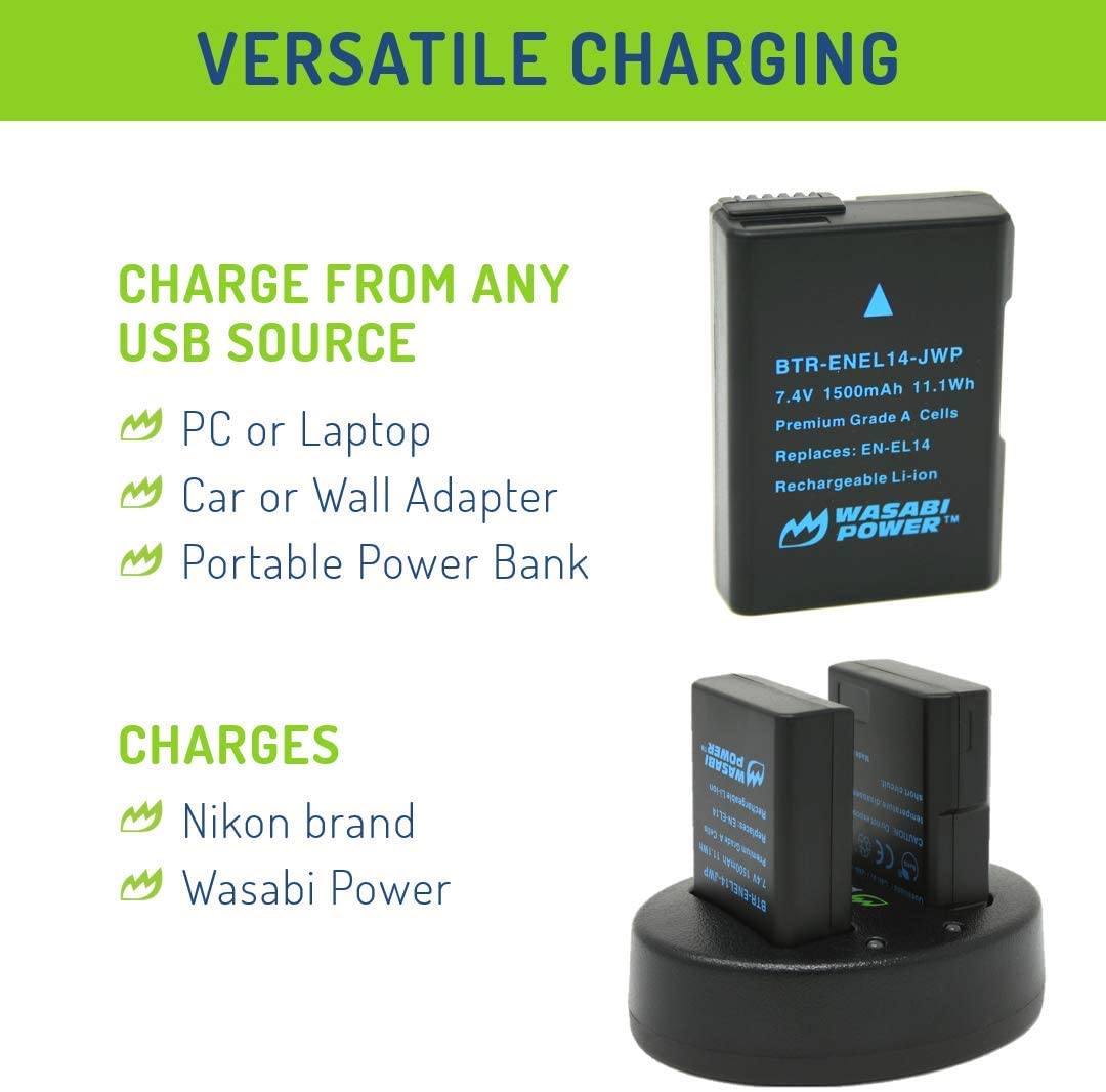 Wasabi Power Battery (2-Pack) & Dual Charger for Nikon EN-EL14, EN-EL14a & Nikon D3100, D3200, D3300, D3400, D3500, D5100, D5200, D5300, D5500, D5600, Df, Coolpix P7100, Coolpix P7700, Coolpix P7800