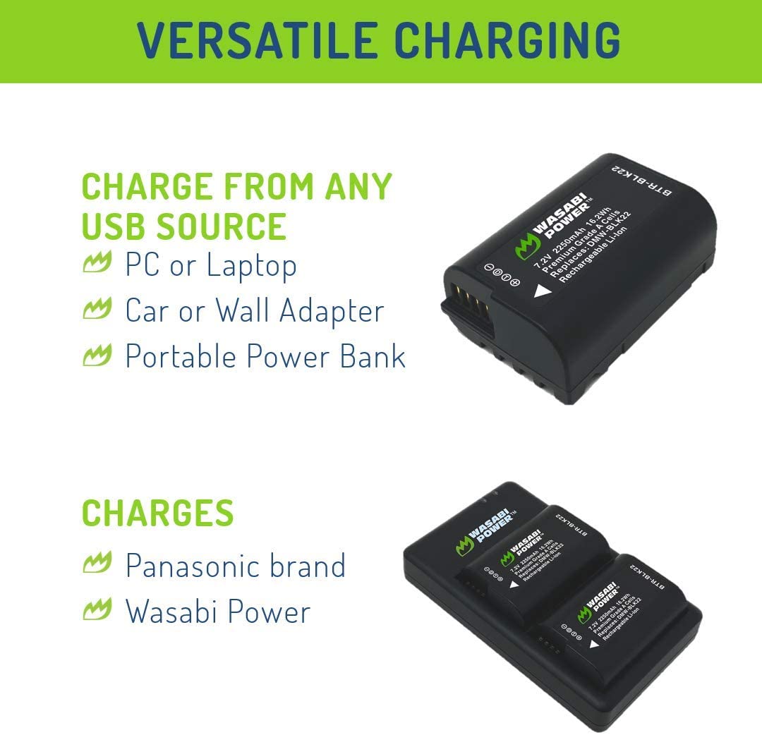 Wasabi Power Battery (2-Pack) and Dual USB Battery Charger for a Panasonic DMW-BLK22 High Capacity Battery and Panasonic Lumix DC-S5 & Panasonic Lumix GH5 II