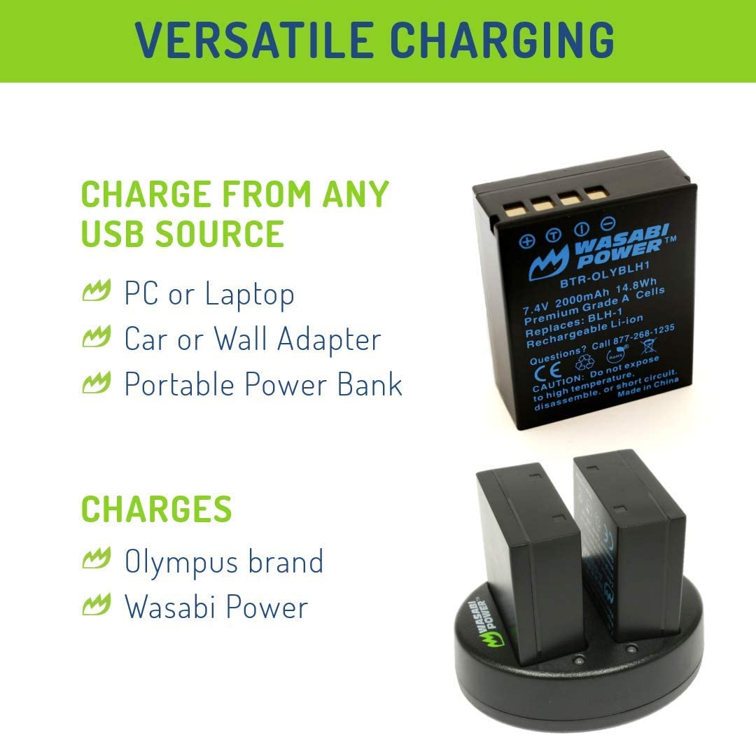 Wasabi Power Battery (2-Pack) and Dual Charger for Olympus BLH-1 (Fully Decoded) and Olympus OM-D E-M1 Mark II, OM-D E-M1 Mark III, OM-D E-M1X