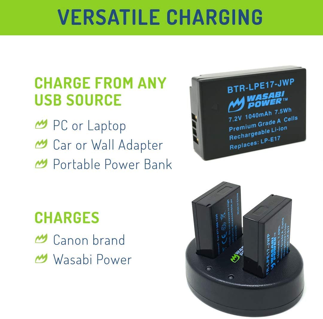 Wasabi Power LP-E17 Battery (2-Pack) and Dual USB Charger for Canon EOS 77D, EOS 750D, EOS 760D, EOS 8000D, EOS M3, EOS M5, EOS M6, EOS Rebel T6i, EOS Rebel T6s, EOS Rebel T7i, Kiss X8i, EOS RP