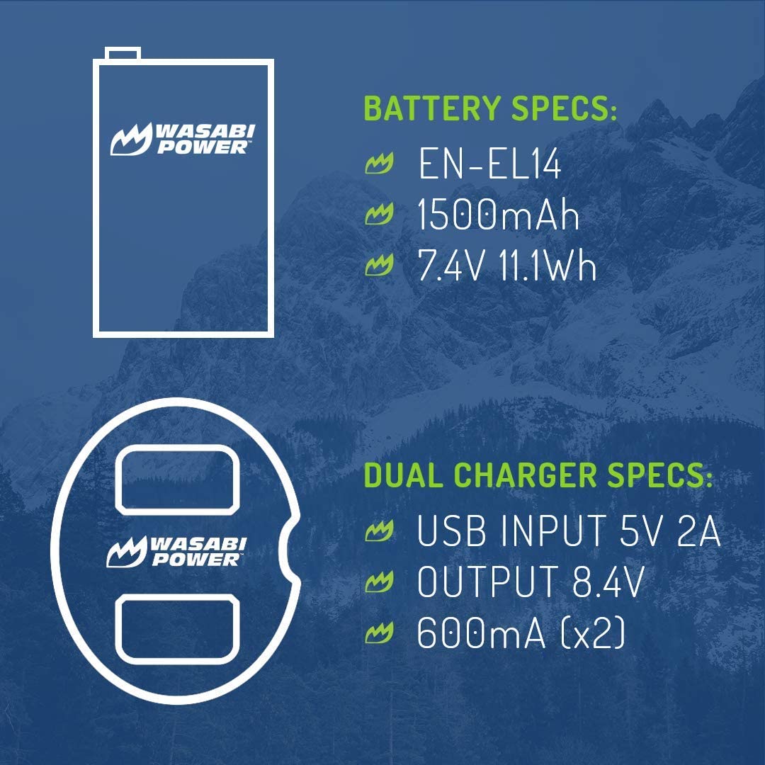 Wasabi Power Battery (2-Pack) & Dual Charger for Nikon EN-EL14, EN-EL14a & Nikon D3100, D3200, D3300, D3400, D3500, D5100, D5200, D5300, D5500, D5600, Df, Coolpix P7100, Coolpix P7700, Coolpix P7800