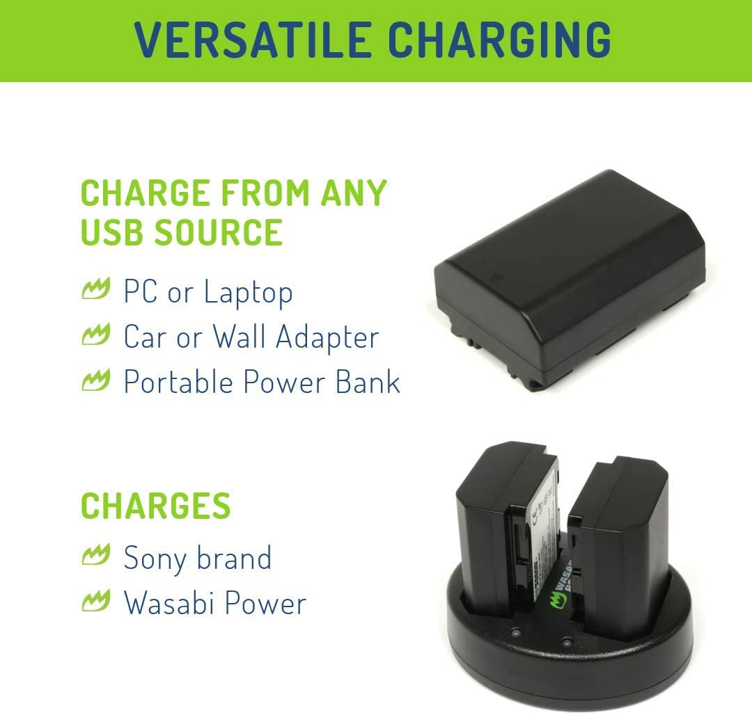 Wasabi Power Battery (2-Pack) And Dual USB Charger For Sony NP-FZ100, BC-QZ1 And Sony A9, A9 II, A7R III, A7R IV, A7 III