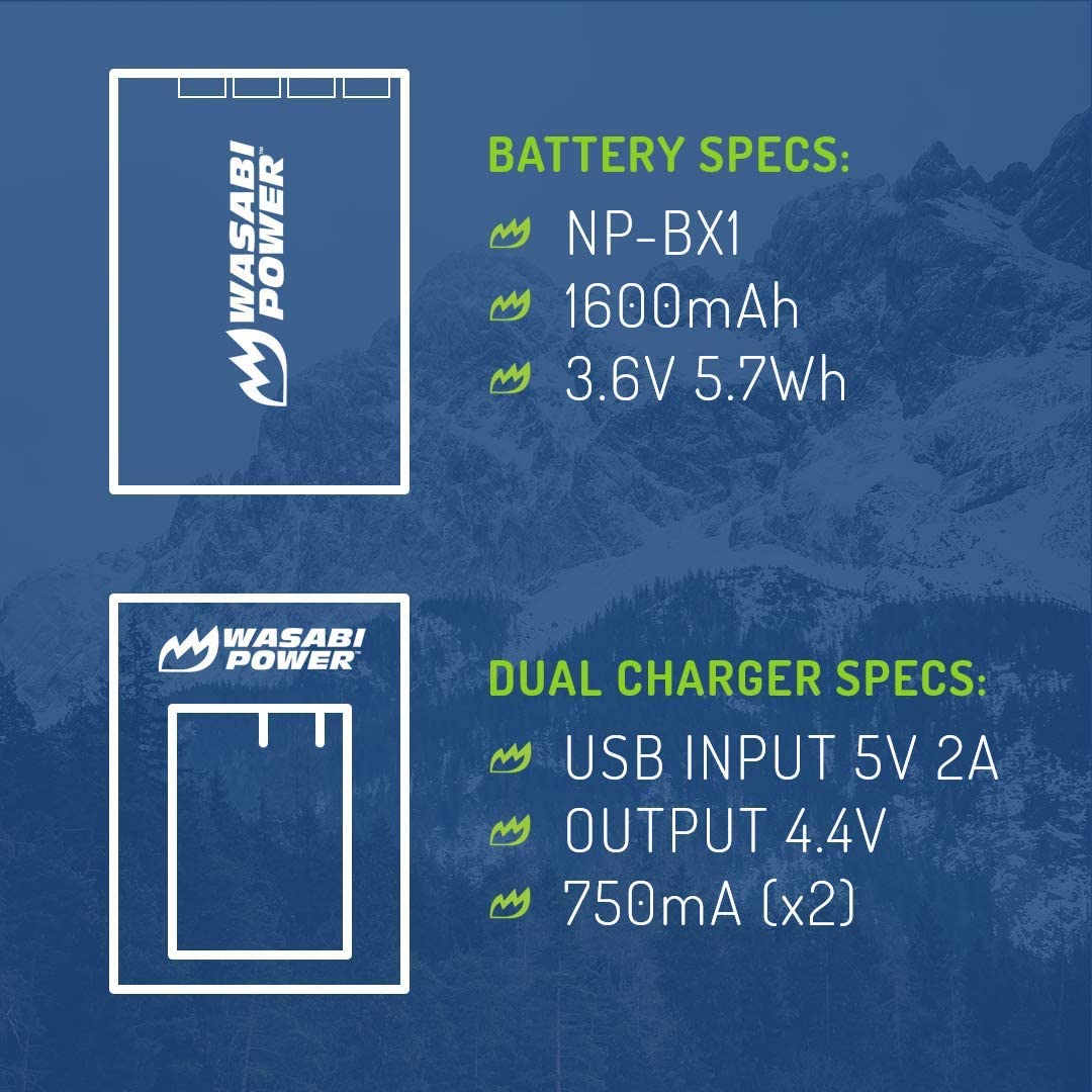 Wasabi Power Battery x 2 and Dual Slot USB Charger for Sony NP-BX1, NP-BX1/M8