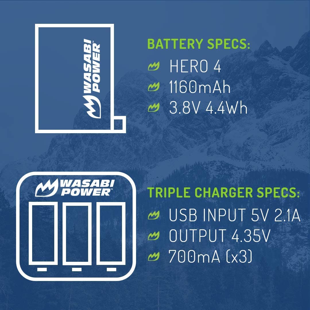Wasabi Power Battery (3-Pack) and Triple USB Charger for GoPro HERO4, AHDBT-401