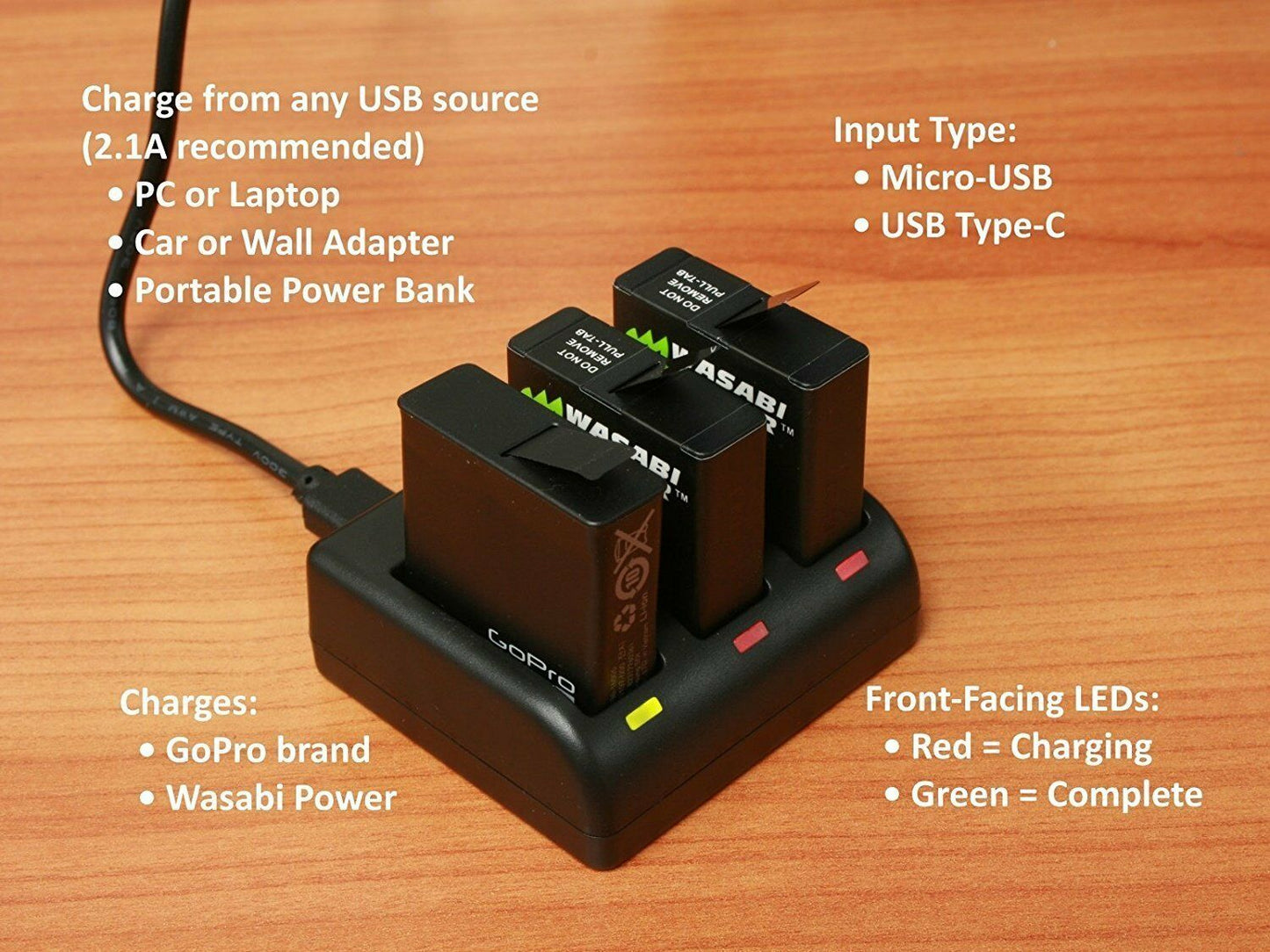 Wasabi Power 1220mAh Battery x 3 & Triple Slot USB Charger for GoPro HERO7 Black