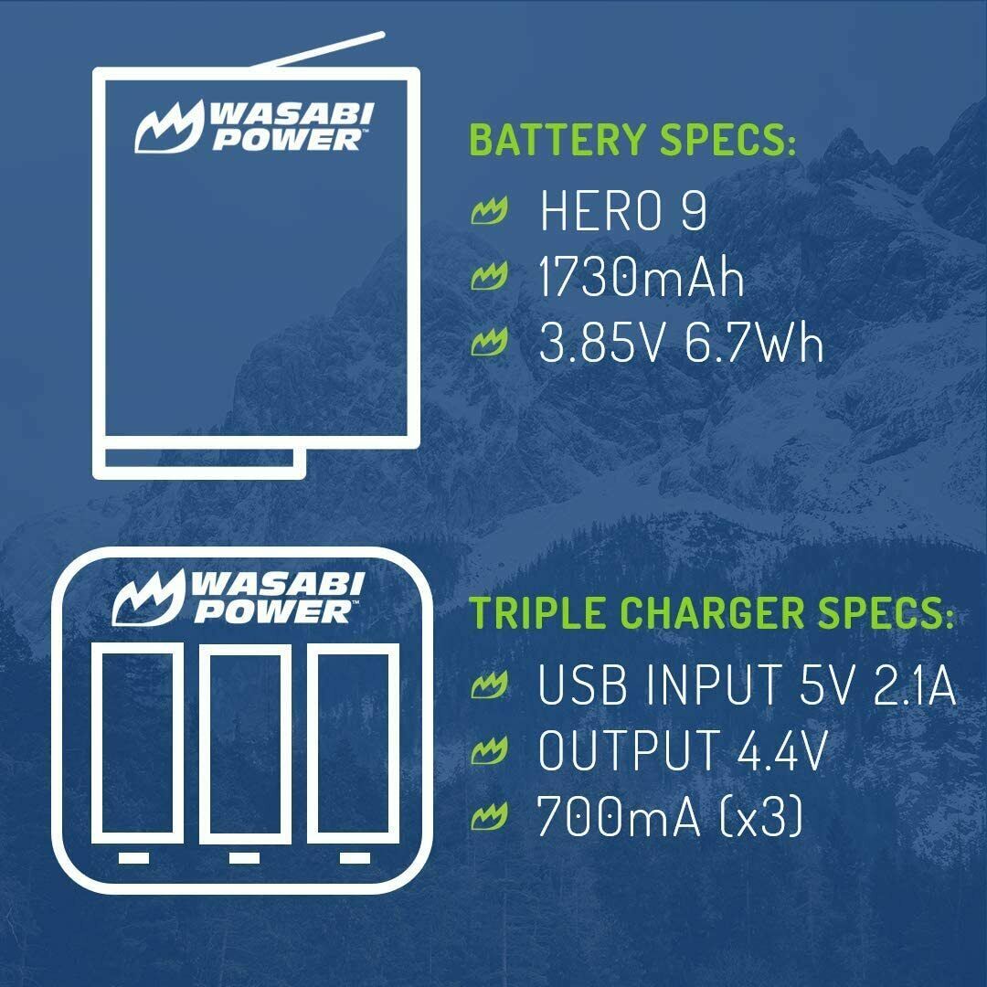 Wasabi Power HERO9 Battery (2-Pack) and USB Triple Charger for GoPro Hero9 Black