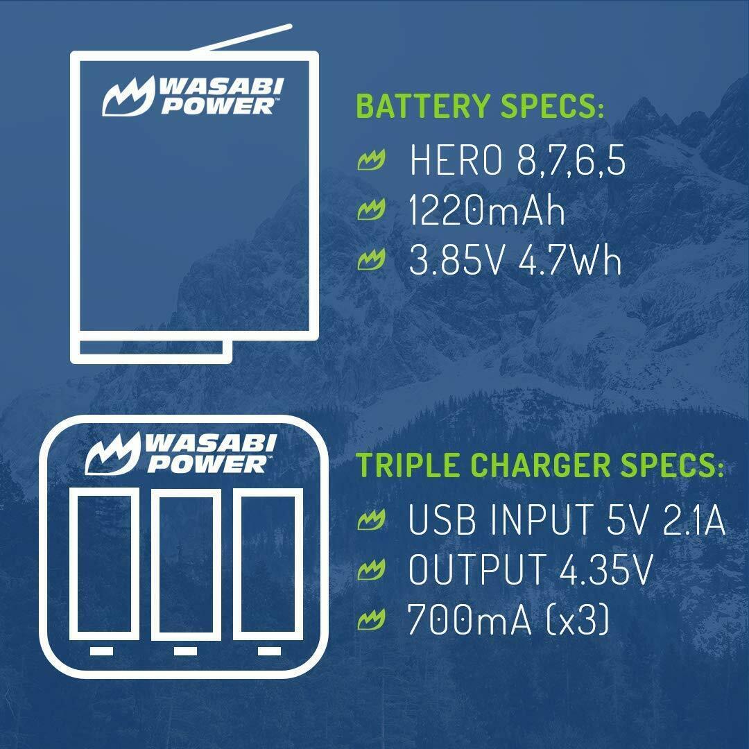 Wasabi Power Battery x 3 and Triple Slot USB Charger for GoPro HERO8 Black